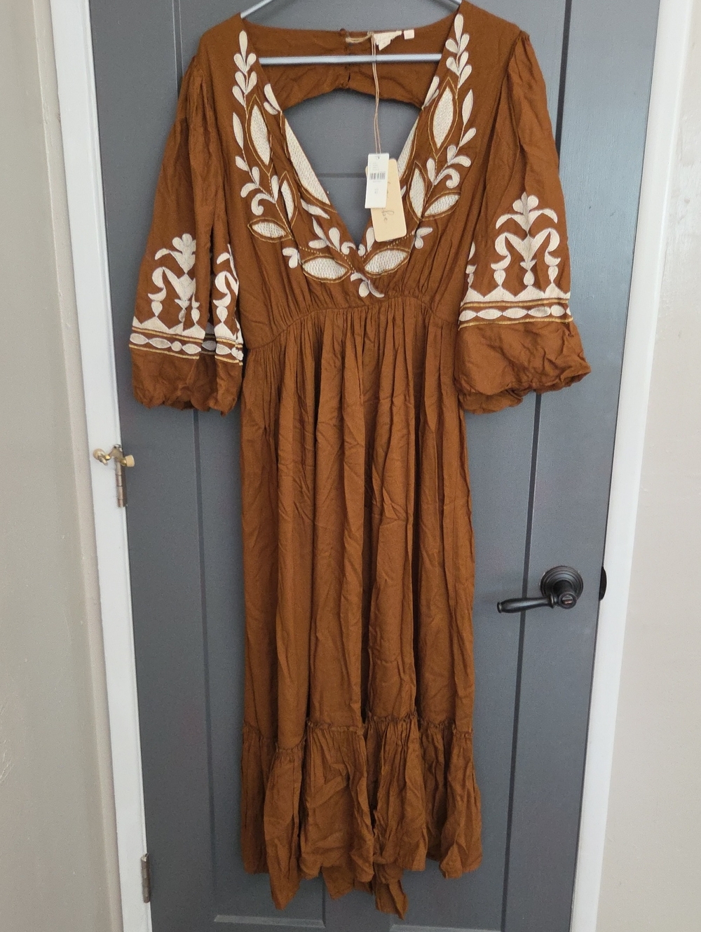 Anthropologie Rust Brown Embroidered Backless Maxi Dress